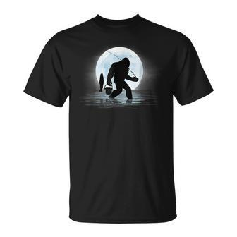 Bigfoot Fishing Sasquatch And Fish Night Fishing V2 T-Shirt - Seseable