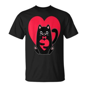Black Cat Heart Valentines Day Cute Kitten Kitty-Love V Day T-Shirt - Seseable