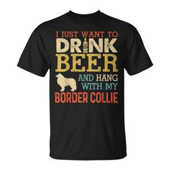 Border Collie Dad Drink Beer Hang With Dog Men Vintage T-Shirt - Seseable