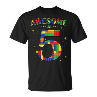 Building Blocks Bricks Awesome At 5 Years Old Birthday Boy T-Shirt - Seseable