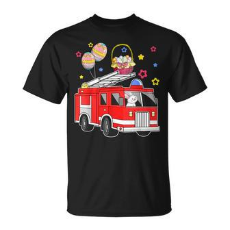 Bunny Carrying Easter Eggs Basket On Fire Truck Costume Kids Unisex T-Shirt | Mazezy