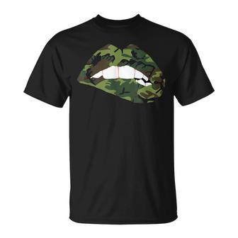 Camouflage Lips Mouth Military Kiss Me Biting Camo Kissing T-Shirt - Seseable