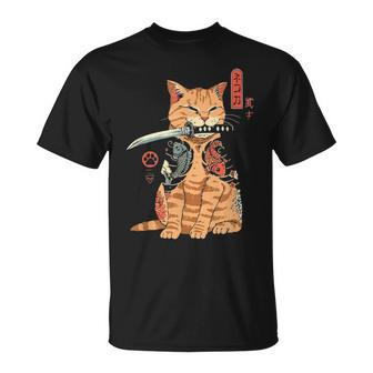 Cattana Funny Cat Sitting With Katana Japanese Samurai Cat Unisex T-Shirt - Seseable