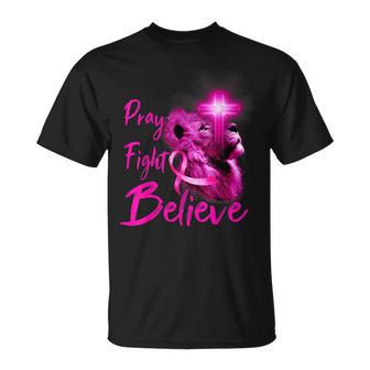 Christian Lion Cross Pray Fight Believe Breast Cancer T-Shirt - Seseable