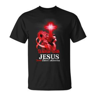 Christian Lion Cross Religious Saying Blood Cancer Awareness V2 T-Shirt - Seseable