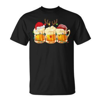 Christmas Three Glass Of Beer Lights Santa Hat Elf Antlers T-shirt - Seseable