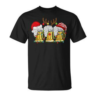 Christmas Three Glass Of Beer Lights Santa Hat Elf Antlers V2T-shirt - Seseable