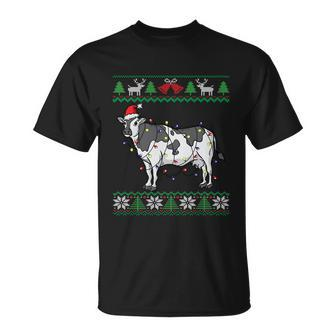 Cow Santa Claus And Lights Funny Dairy Farmer Ugly Christmas Gift Unisex T-Shirt - Monsterry UK