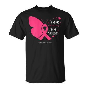 Cute 1 Year Breast Cancer Free Pink Survivor Gifts Butterfly Gift For Womens Unisex T-Shirt | Mazezy