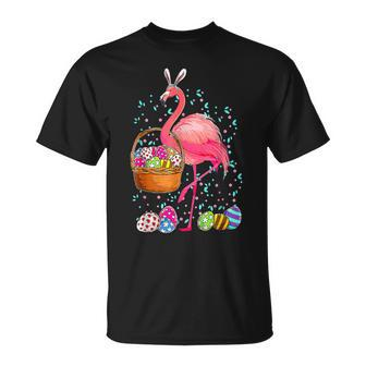 Cute Flamingo Bunny Eggs Happy Easter Egg Basket Hunting Unisex T-Shirt | Mazezy