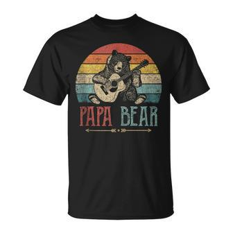 Mens Cute Papa Bear Vintage Fathers Day Retro Dad Guitar T-Shirt - Seseable