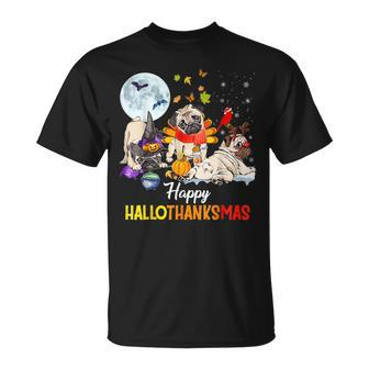 Cute Pug Happy Hallothanksmas Halloween Thanksgiving Xmas V2 T-shirt - Thegiftio UK