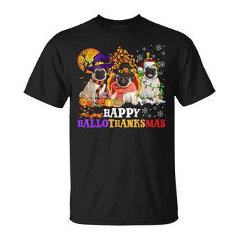 Cute Pug Happy Hallothanksmas Halloween Thanksgiving Xmas V4 T-shirt - Thegiftio UK