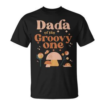 Mens Dada Of The Groovy One Boho 1St Birthday Hippie Mushroom Dad T-Shirt - Seseable