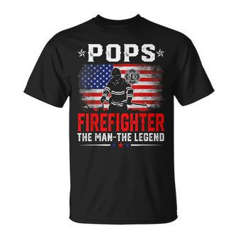 Distressed American Flag Pops Firefighter The Legend Retro Unisex T-Shirt - Seseable