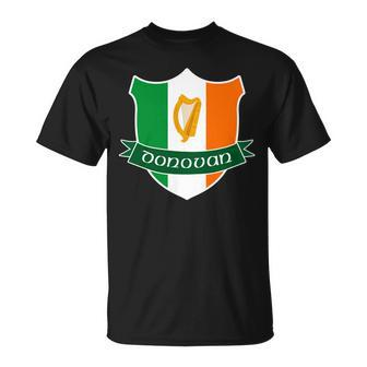 Donovan Irish Name Family Crest Long Ireland Flag Harp Unisex T-Shirt - Seseable