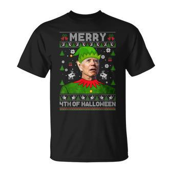 Elf Santa Biden Merry 4Th Of Halloween Ugly Christmas T-shirt - Thegiftio UK