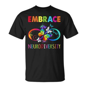 Embrace Neurodiverity Rainbow Infinity Butterfly Autism Unisex T-Shirt | Mazezy