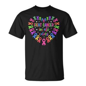 Fight Cancer In All Color Fight Cancer Feather Heart Ribbons Unisex T-Shirt | Mazezy