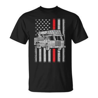 Fire Truck American Flag Red Line Us Firefighter Fireman T-Shirt - Seseable