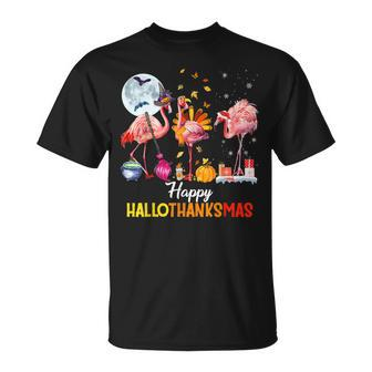 Flamingo Halloween And Merry Christmas Happy Hallothanksmas V6 T-shirt - Thegiftio UK