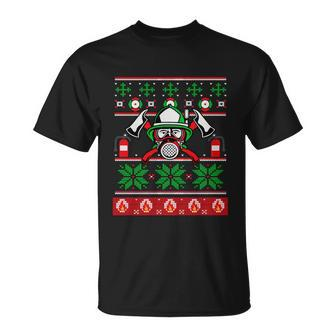Funny Firefighter Xmas Ugly Christmas Sweater Firefighter Great Gift Unisex T-Shirt - Monsterry DE