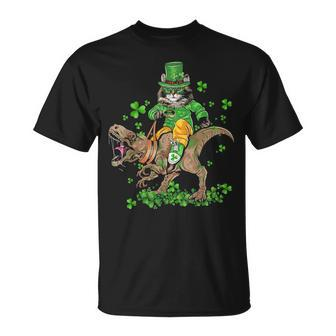 Funny St Patricks Day Irish Cat Riding T Rex Shamrock Unisex T-Shirt - Seseable