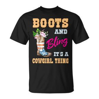 Girls Boots Bling Its A Cowgirl Thing Usa Flag Cute Cowgirl T-Shirt - Seseable