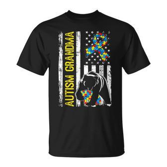 Grandma Bear Autism Awareness Distressed American Flag Unisex T-Shirt | Mazezy