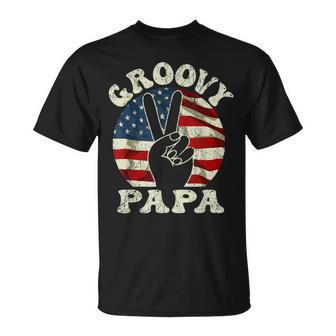 Mens Groovy Papa 70S Aesthetic Usa Flag Groovy Dad T-Shirt - Seseable
