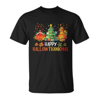 Happy Hallothanksmas Halloween Thanksgiving Merry Christmas Gift Unisex T-Shirt - Monsterry DE