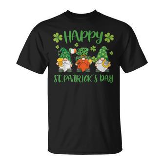 Happy St Patricks Day Three Gnomes Holding Shamrock Leopard T-Shirt - Seseable