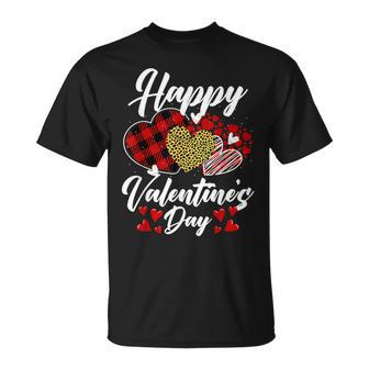 Happy Valentines Day Hearts With Leopard Plaid Valentine T-Shirt - Seseable