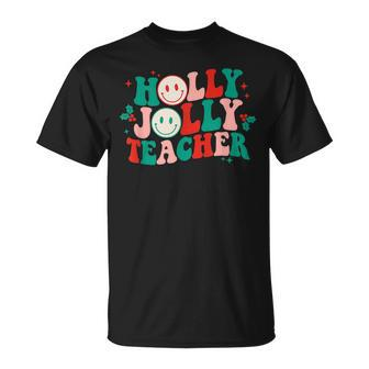 Holly Xmas Jolly Teacher Groovy Retro Christmas Pajamas T-shirt - Seseable
