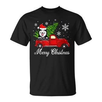 Husky Dog Riding Red Truck Christmas Decorations Pajama T-shirt - Seseable