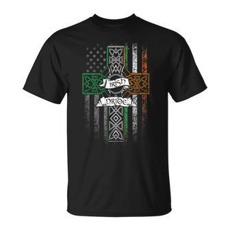 Irish Pride American Flag Celtic Cross St Patricks Day T-Shirt - Seseable