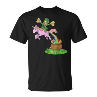 Leprechaun Riding A Unicorn - Funny St Patricks Day Shirts Unisex T-Shirt | Mazezy