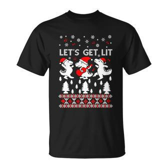 Lets Get Lit Pajamas Dinosaur Ugly Christmas Sweater Gift Unisex T-Shirt - Monsterry DE