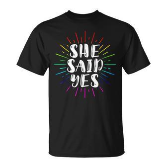 Lgbt Bachelorette Party Yes Engagement Unisex T-Shirt | Mazezy CA