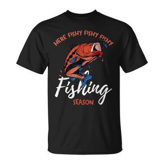 Lustiges Angler-T-Shirt Here Fishy Fishy, Perfekt für Angelsaison - Seseable