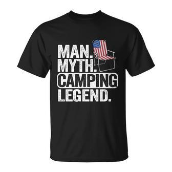 Man Myth Camping Legend Us American Flag Chair Camping Dad Gift Unisex T-Shirt - Monsterry