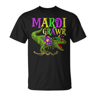 Mardi Grawr T Rex Dinosaur Mardi Gras Bead Costume Boys Kids T-Shirt - Seseable