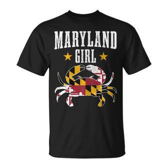 Maryland Girl Blue Crab Vintage Maryland Flag Pride Gift For Womens Unisex T-Shirt | Mazezy