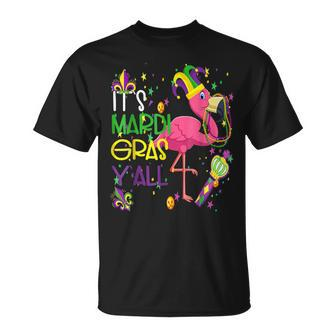 Mask & Beads Its Mardi Gras Yall Jester Flamingo Costume T-Shirt - Seseable
