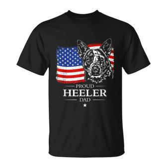 Mens Proud Cattle Dog Heeler Dad American Flag Patriotic Dog Unisex T-Shirt - Monsterry