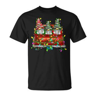 Merry Christmas Gnomes On Red Truck Lights Cute Gnomies Xmas T-shirt - Seseable