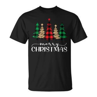 Merry Christmas Holiday Plaid Christmas Tree & Leopard Print T-shirt - Seseable
