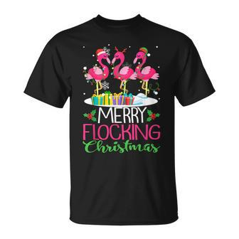 Merry Flocking Christmas Flamingo Pink In Santa Hat V2 T-shirt - Thegiftio UK