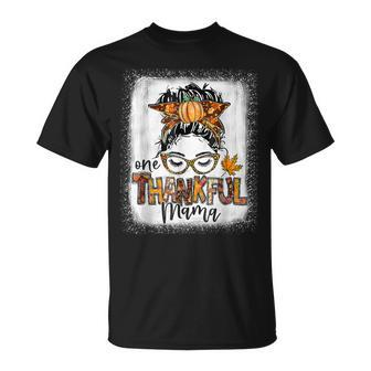 Messy Bun One Thankful Mama Fall Autumn Thanksgiving V3 T-shirt - Thegiftio