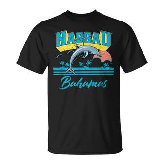 Nassau Bahamas Sunset Palm Tree Dolphin Retro Vacation T-Shirt - Seseable